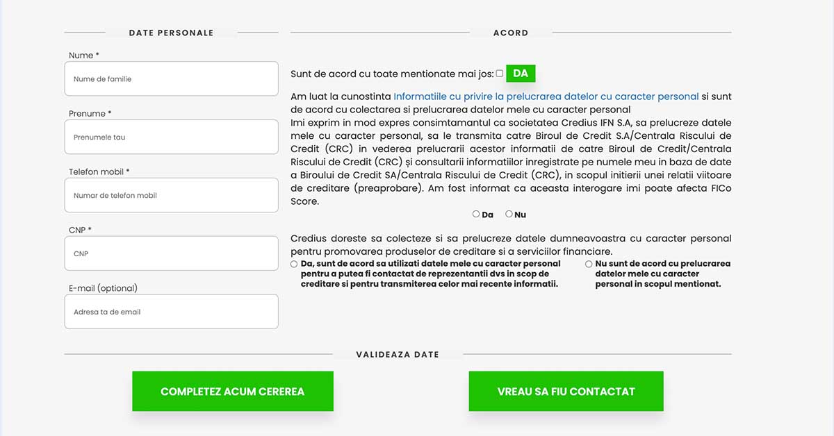 Credius - completeaza cu datele personale