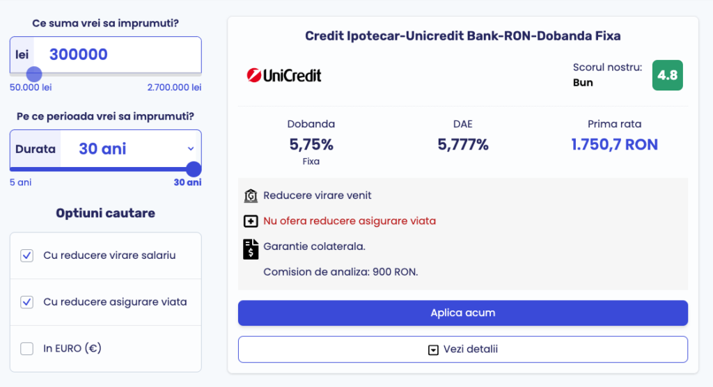 Credit ipotecar Unicredit bank cu Dobanda fixa pentru primii 3, ani, cu incasare salariu.