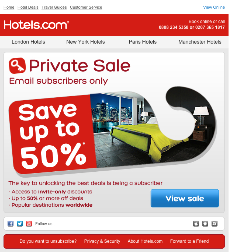 Image of Hotels.com private sale for email subscribers