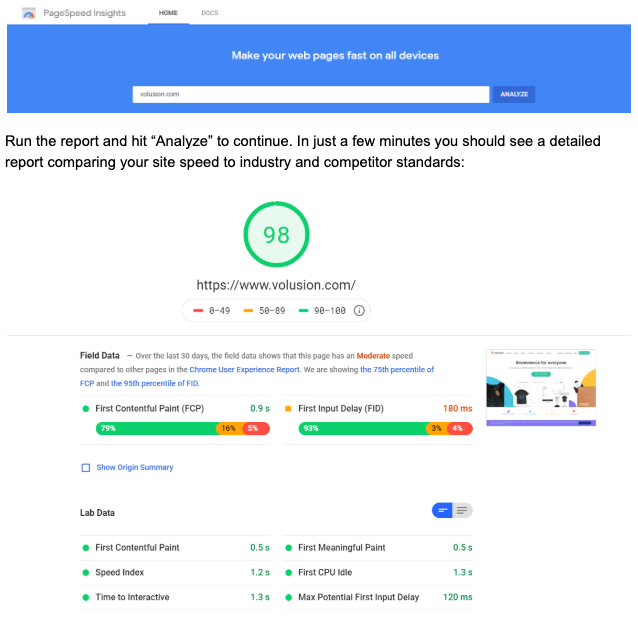 Image of Google PageSpeed Insights dashboard