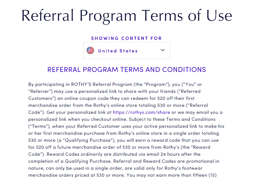 Screenshot of Rothy's referral program terms of use.