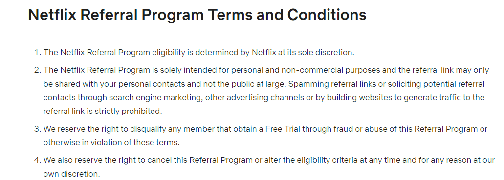 Screenshot of Netflix's referral program terms and conditions page.