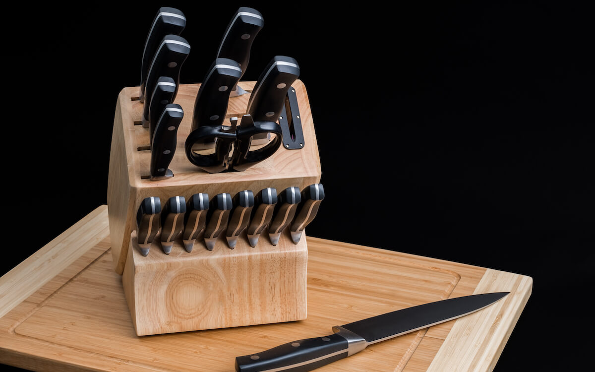 Knife block displaying a selection of kitchen knives