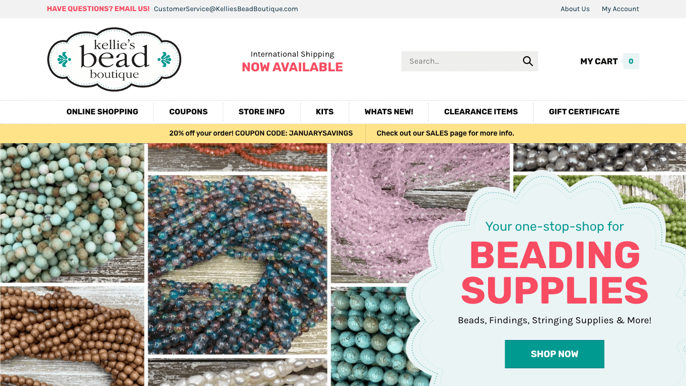 Screenshot of Kellie's Bead Boutique online store.