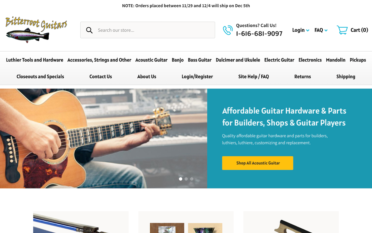 Page d'accueil du site e-commerce de Bitterroot Guitars