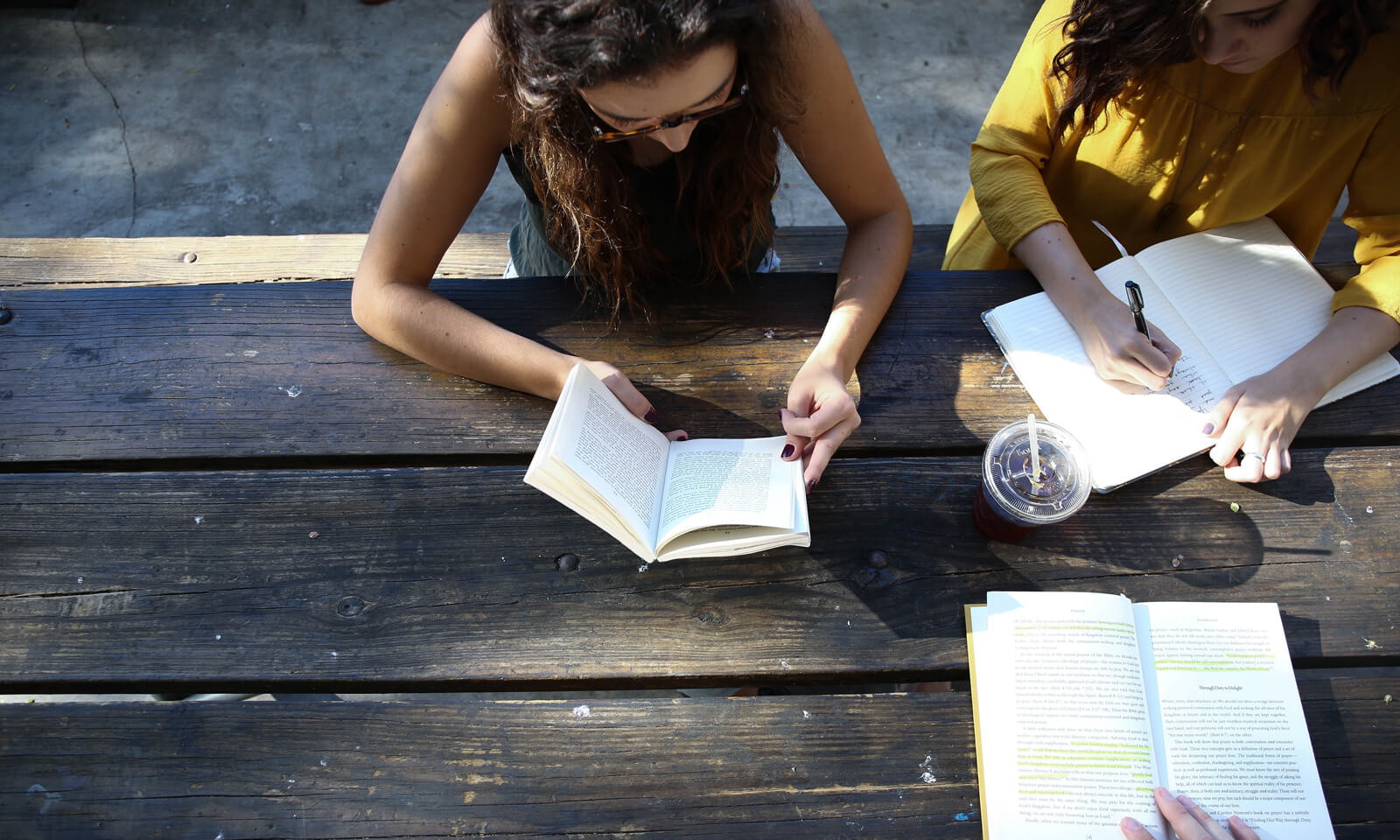 People conducting business plan research at picnic table