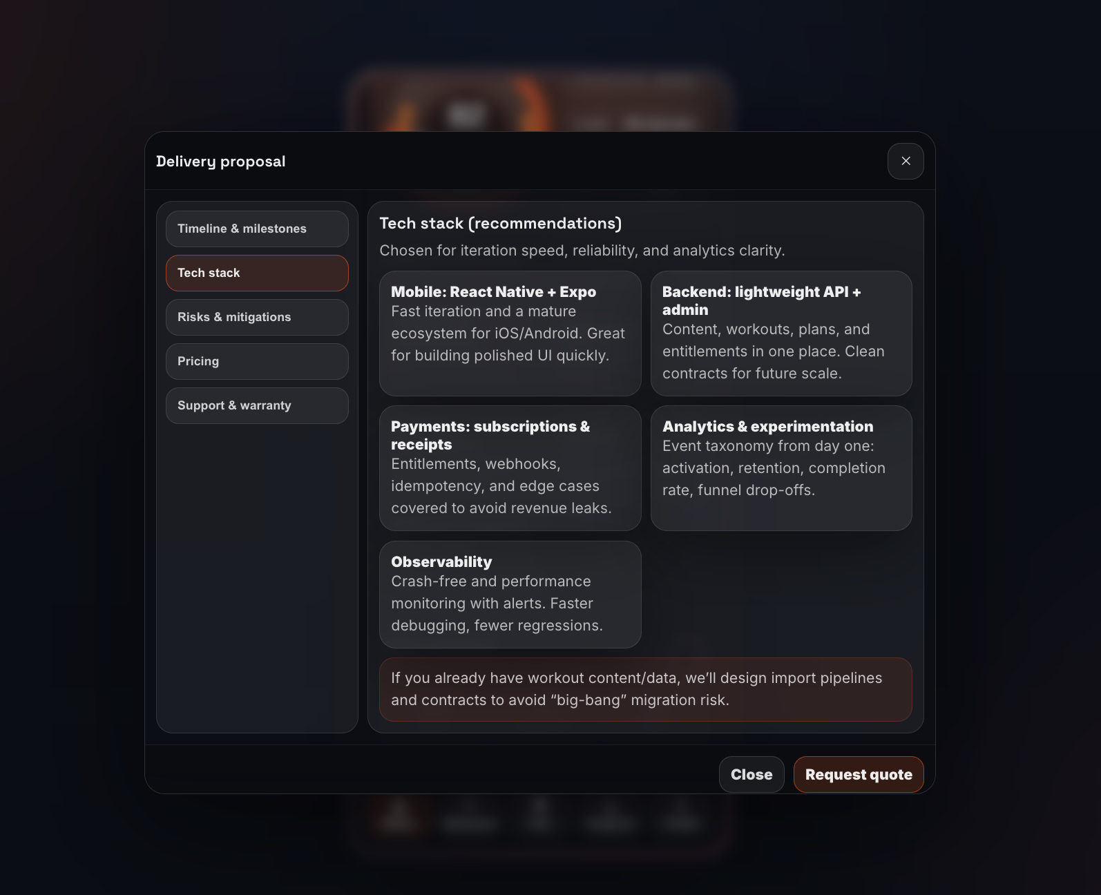 Delivery proposal modal with tech stack details