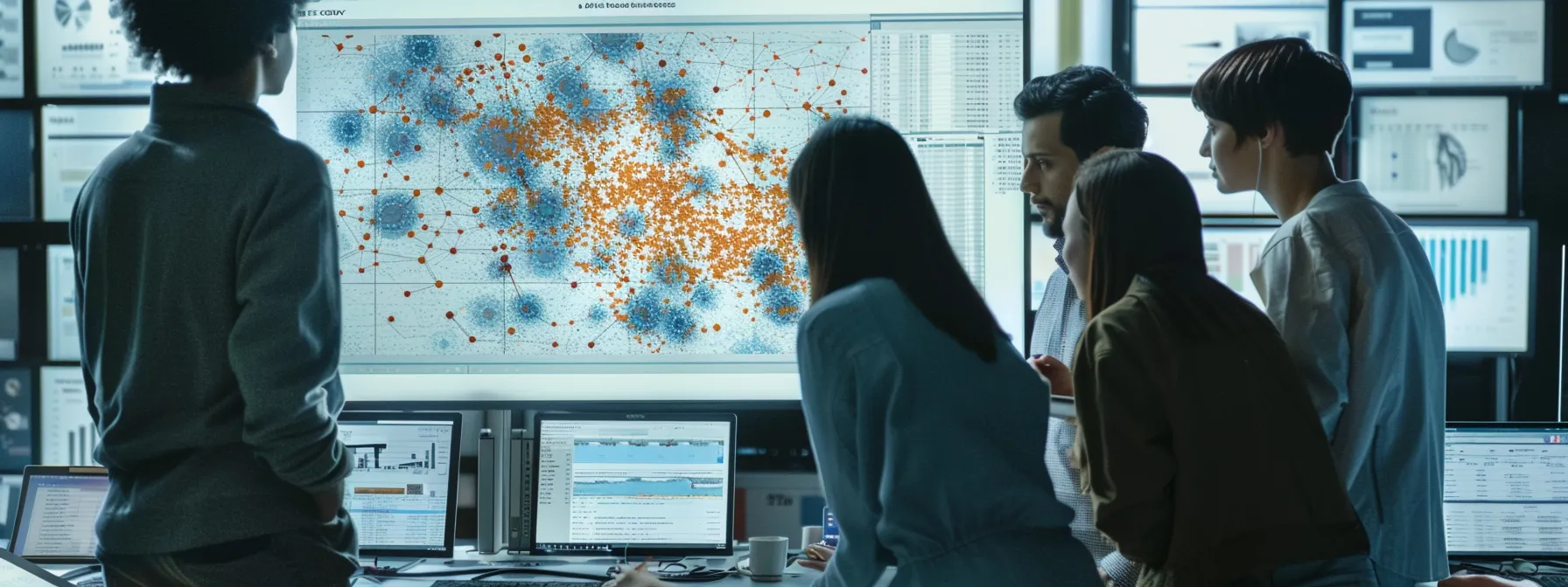 A team of professionals looking at their organization's networks and discussing strategies after implementing relationship mapping tools.