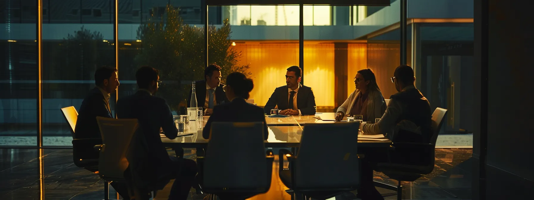 Business individuals collaborating at a table in a well-lit conference room, focused on their meeting agenda.