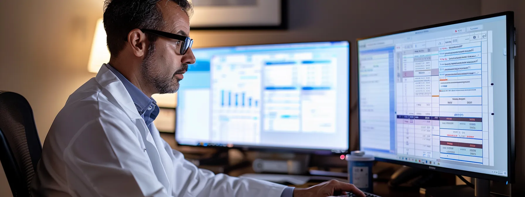 Doctor in white coat using two monitors for HIPAA compliant fax services