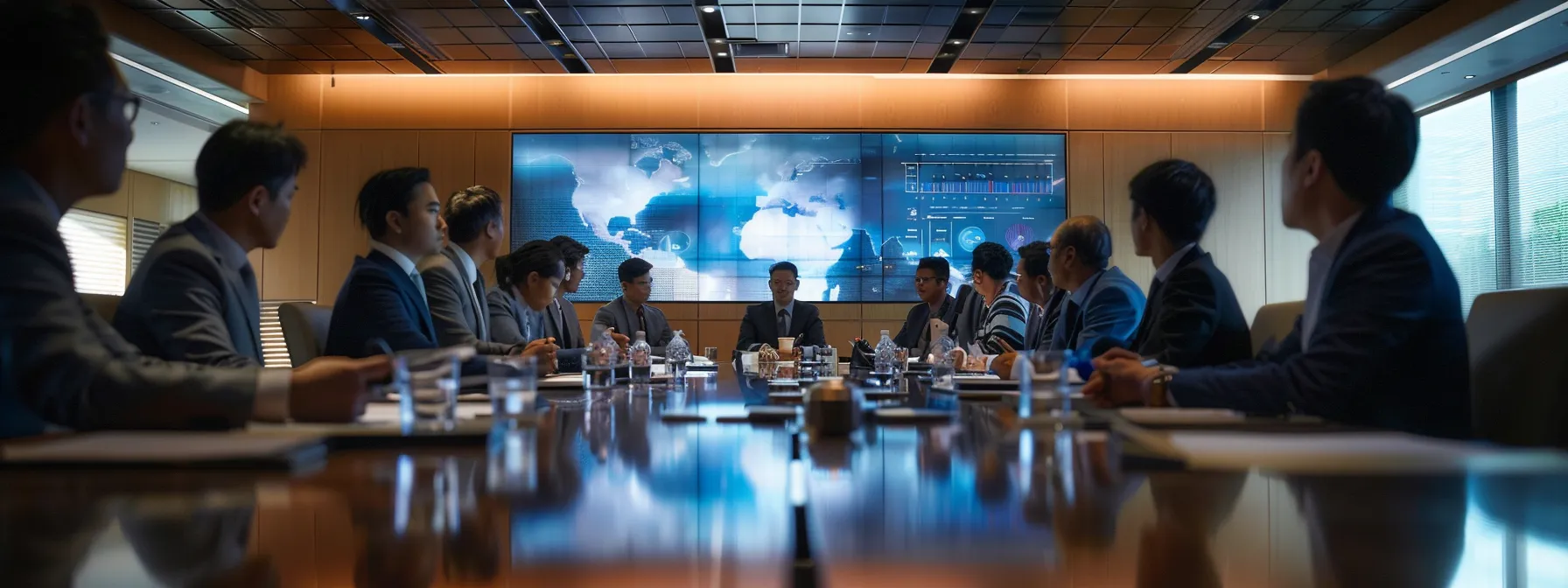 A group of business individuals collaborating in a conference room with a prominent large screen display.