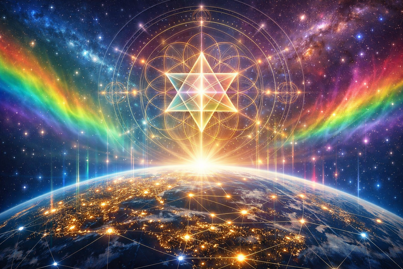 A luminous Earth awakening as planetary grid lines light up, surrounded by sacred geometry and rainbow energy in space.