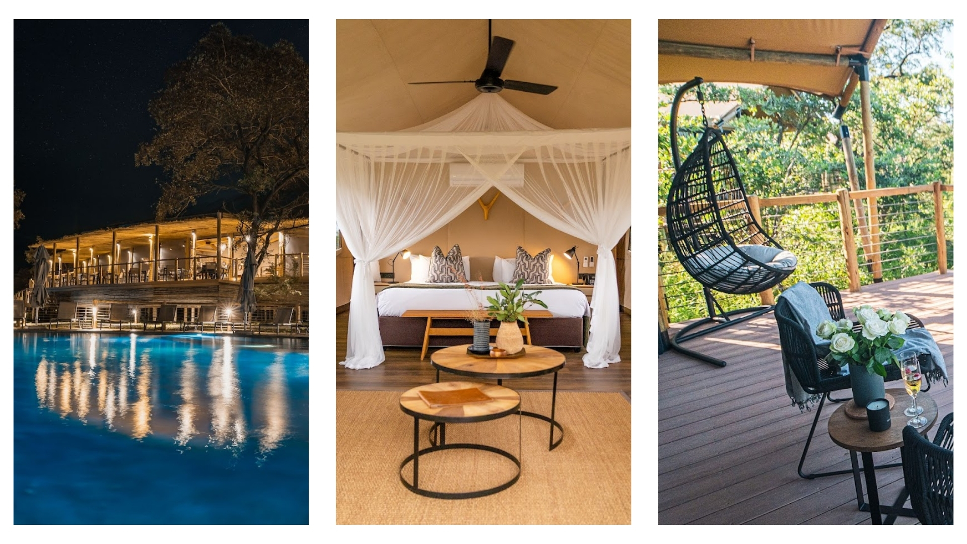 Three-panel image of Mdluli Safari Lodge: left shows the main lodge glowing at night beside a pool; center shows a luxury tented suite with a canopy bed and modern decor; right shows a private deck with hanging chair, flowers, and a drink setup overlooking the trees. Three-panel image of Mdluli Safari Lodge: left shows the main lodge glowing at night beside a pool; center shows a luxury tented suite with a canopy bed and modern decor; right shows a private deck with hanging chair, flowers, and a drink setup overlooking the trees.