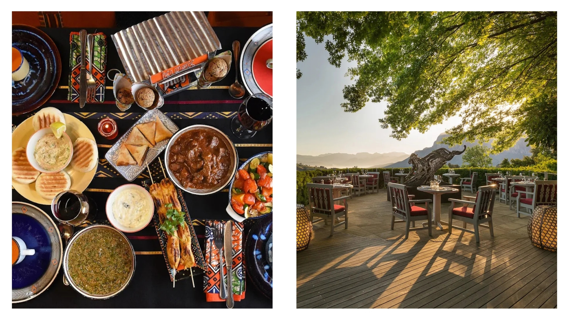 Traditional Cape Malay dinner featuring vibrant local dishes, paired with a scenic view of Delaire Graff Estateās outdoor terrace in Stellenbosch wine country, South Africa. Traditional Cape Malay dinner featuring vibrant local dishes, paired with a scenic view of Delaire Graff Estateās outdoor terrace in Stellenbosch wine country, South Africa.