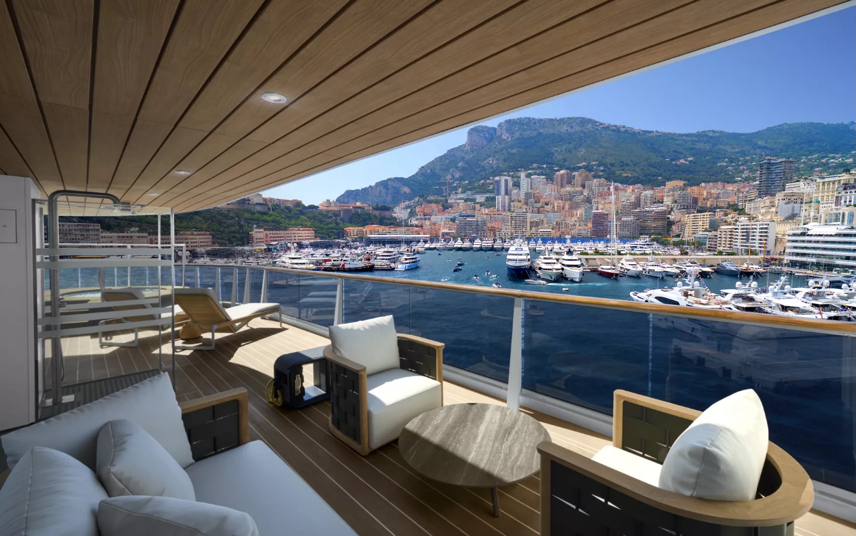 Luxury cruise suite terrace overlooking Monaco harbor, with lounge chairs and panoramic views of yachts and city skyline. Luxury cruise suite terrace overlooking Monaco harbor, with lounge chairs and panoramic views of yachts and city skyline.