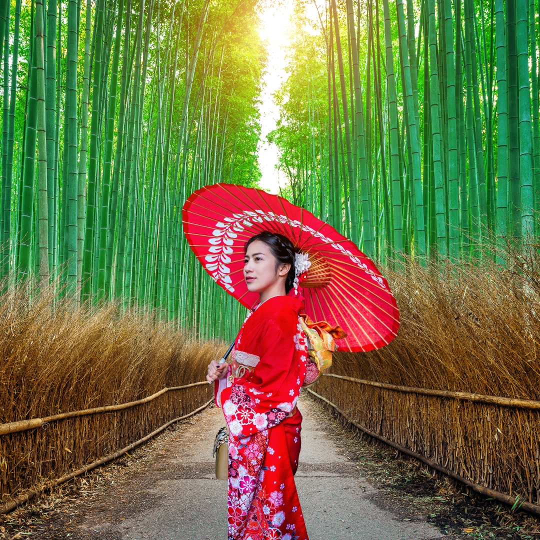 Woman in a traditional red kimono holding a parasol, standing in Japan’s Arashiyama Bamboo Grove. Woman in a traditional red kimono holding a parasol, standing in Japan’s Arashiyama Bamboo Grove.