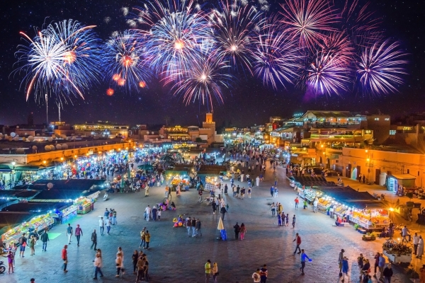 Fireworks Over Market In Marrakesh, Morocco Fireworks Over Market In Marrakesh, Morocco