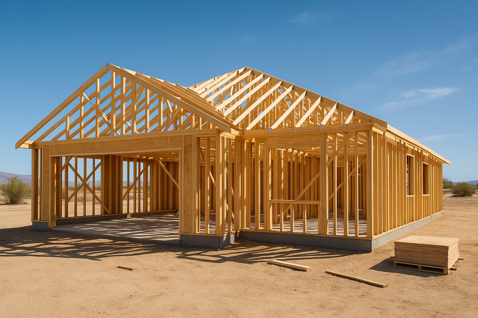 New custom home framing with roof trusses under blue sky