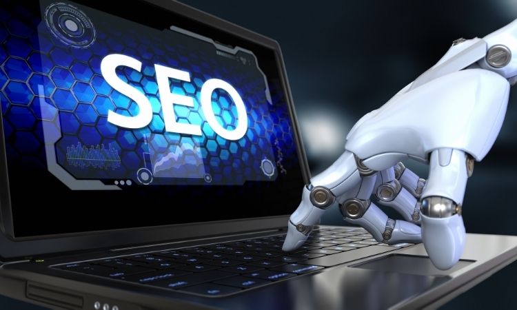 Robot hand typing on laptop keyboard with digital SEO graphics on screen, symbolizing AI-powered search engine optimization. Robot hand typing on laptop keyboard with digital SEO graphics on screen, symbolizing AI-powered search engine optimization.