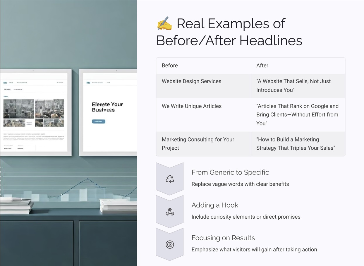 Before and after headline examples showing clear value Before and after headline examples showing clear value