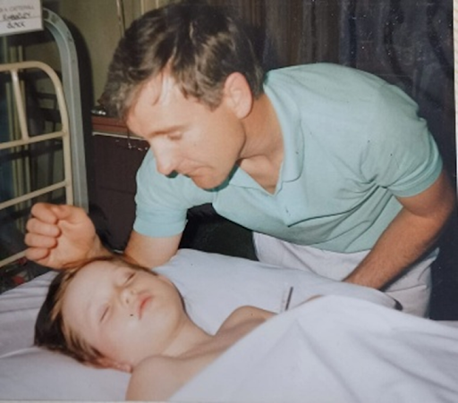 Me post-surgery as my dad looked after me. Me post-surgery as my dad looked after me.