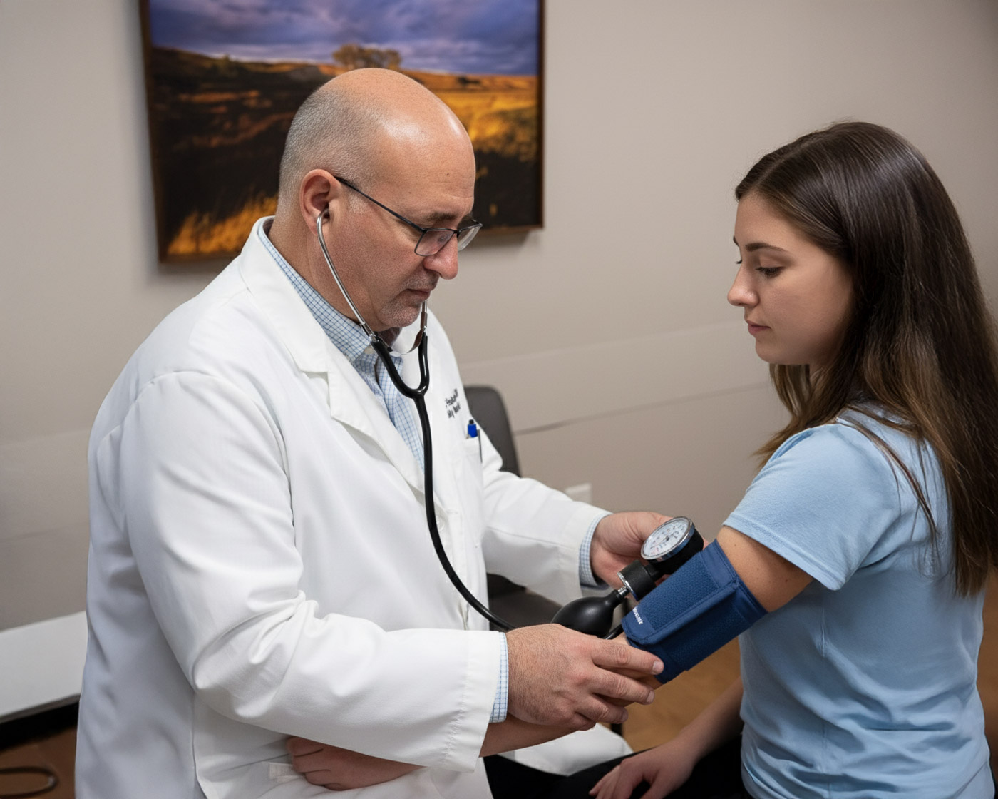 Dr. Haddadin administering a blood pressure test on a patient. Dr. Haddadin administering a blood pressure test on a patient.