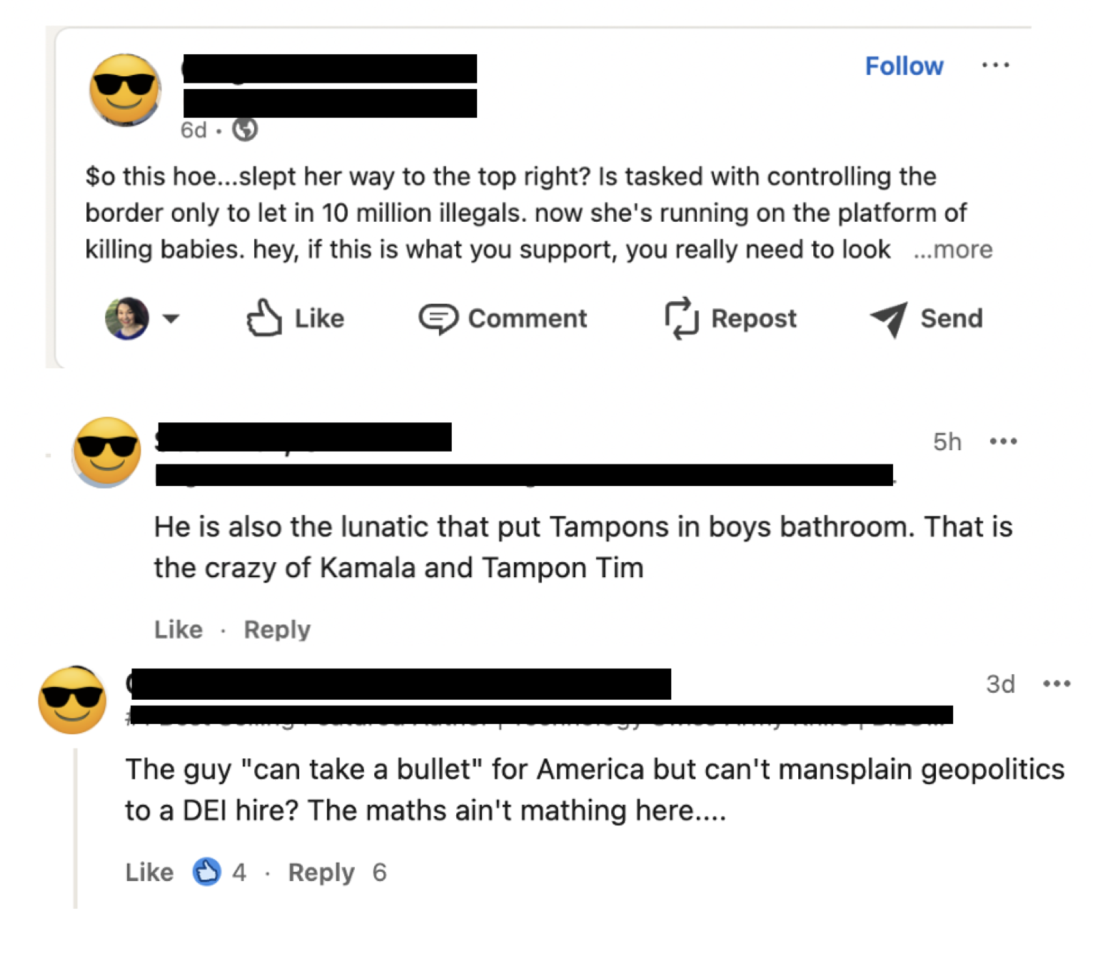Screenshot of a social media exchange with users making disparaging, politically charged comments. The posts use derogatory language and discuss political figures, social policies, and DEI (Diversity, Equity, and Inclusion) topics in a dismissive and inflammatory manner. Screenshot of a social media exchange with users making disparaging, politically charged comments. The posts use derogatory language and discuss political figures, social policies, and DEI (Diversity, Equity, and Inclusion) topics in a dismissive and inflammatory manner.