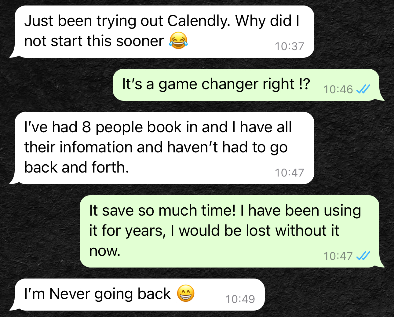 WhatsApp conversation highlighting a mortgage broker's positive experience using Calendly to streamline client bookings and save time with automated scheduling. WhatsApp conversation highlighting a mortgage broker's positive experience using Calendly to streamline client bookings and save time with automated scheduling.