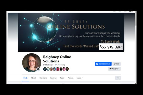 A screenshot of Reighney Online Solutions' social media page, highlighting their Missed Call Text Back service. This image supports the blog's focus on how businesses can use Missed Call Mastery to engage customers and turn missed calls into business opportunities.