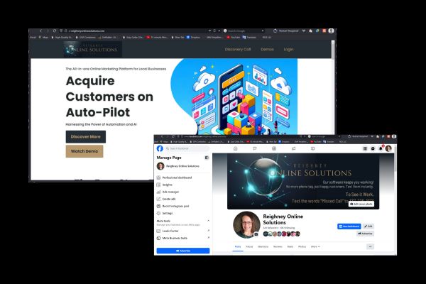 Screenshots of Reighney Online Solutions' website and social media page, illustrating the importance of consistent communication of brand values across platforms. This reflects the blog's focus on how brand values influence business reputation and customer trust