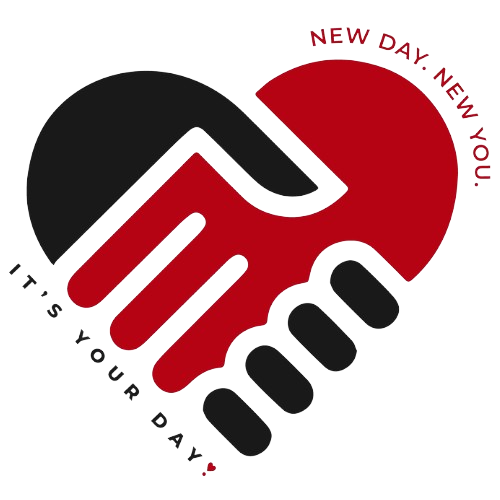 A logo featuring two stylized hands forming a heart shape, one hand is black and the other is red. The text around the logo reads "NEW DAY. NEW YOU." at the top and "IT'S YOUR DAY!" at the bottom. The design emphasizes themes of unity, support, and renewal.