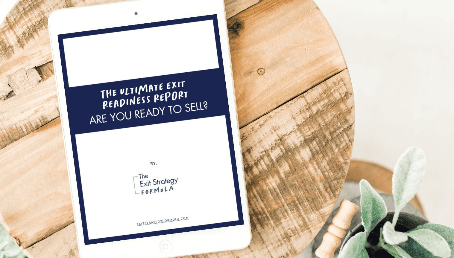 iPad displaying the cover of 'The Ultimate Exit Readiness Report' with the subtitle 'Are You Ready to Sell?' on a wooden surface next to succulent plant iPad displaying the cover of 'The Ultimate Exit Readiness Report' with the subtitle 'Are You Ready to Sell?' on a wooden surface next to succulent plant