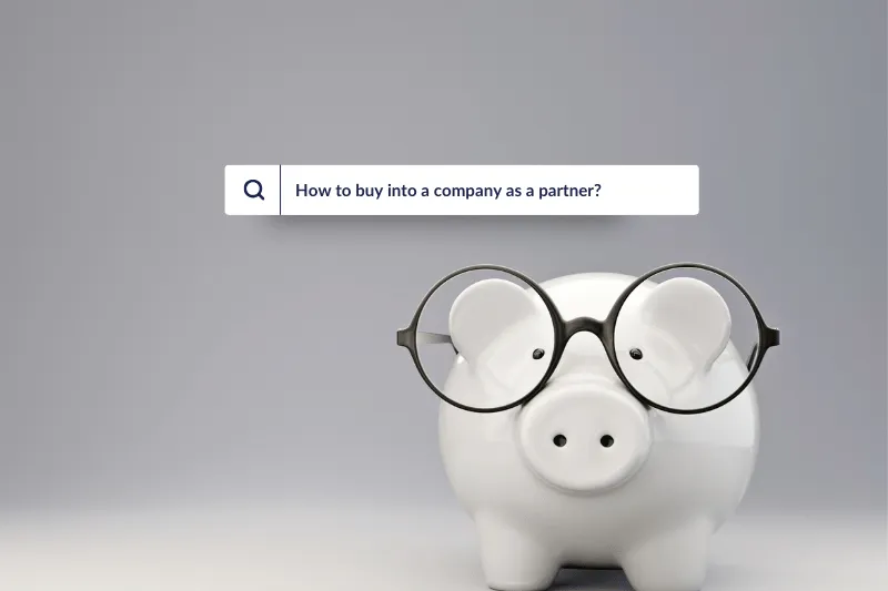 Search bar asking 'How to buy into a company as a partner?' above a piggy bank wearing glasses, symbolizing financial wisdom in business partnerships Search bar asking 'How to buy into a company as a partner?' above a piggy bank wearing glasses, symbolizing financial wisdom in business partnerships
