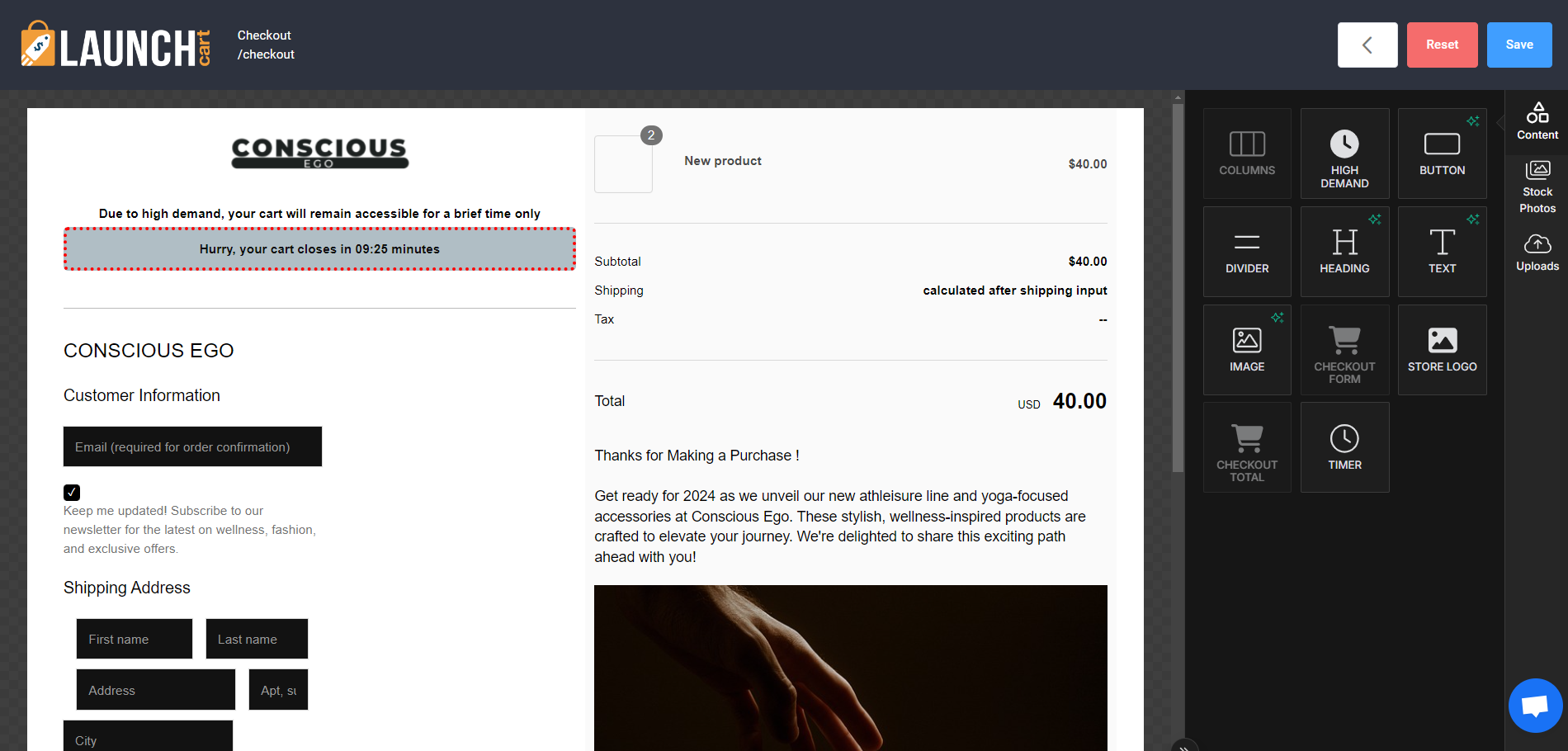 Launch Cart intuitive customizable checkout editor showing customer information, order summary, and countdown time Launch Cart intuitive customizable checkout editor showing customer information, order summary, and countdown time