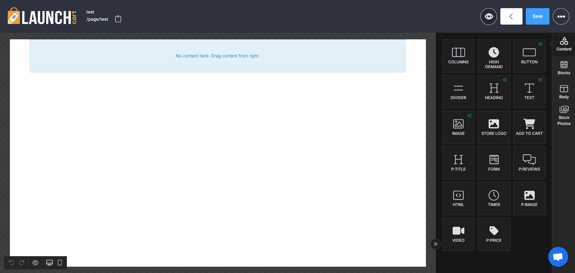 Launch Cart page editor interface with drag-and-drop blocks for building custom eCommerce, product, about us, sale pages Launch Cart page editor interface with drag-and-drop blocks for building custom eCommerce, product, about us, sale pages