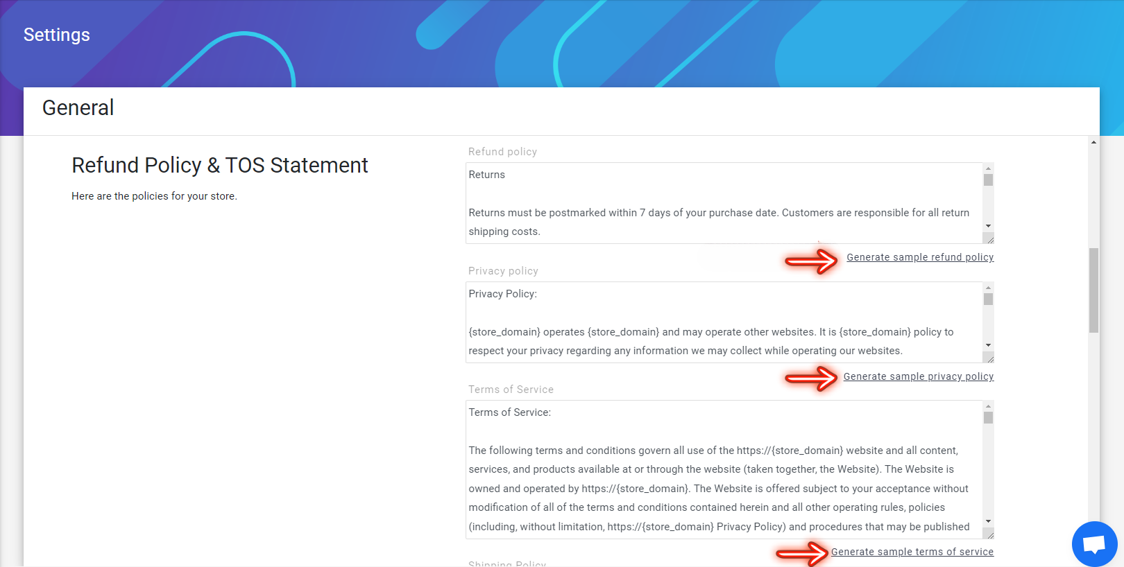 Launch Cart settings page for generating refund policy, privacy policy, and terms of service for eCommerce stores Launch Cart settings page for generating refund policy, privacy policy, and terms of service for eCommerce stores