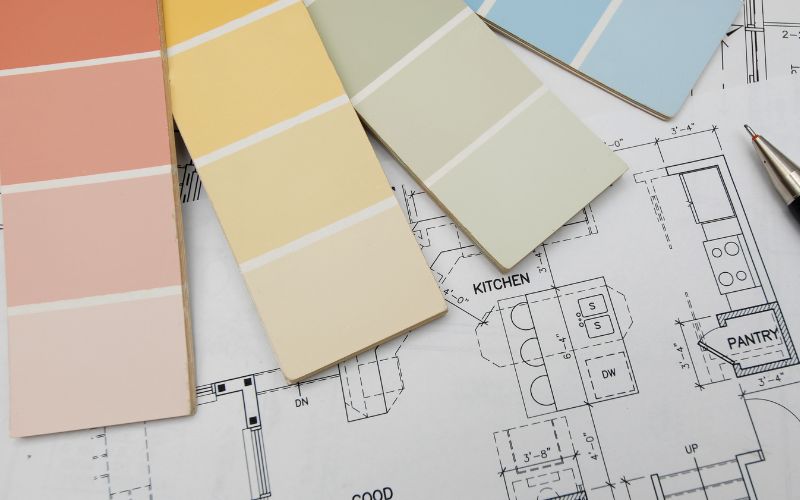 Paint swatches and home floor plan