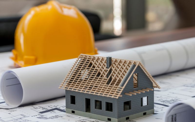 3D ADU home, construction hat and site plans