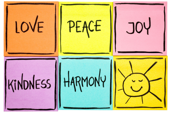 six sticky note page each with a different word on, the words are love, peace, joy, kindness, harmony and a picture of the sun six sticky note page each with a different word on, the words are love, peace, joy, kindness, harmony and a picture of the sun