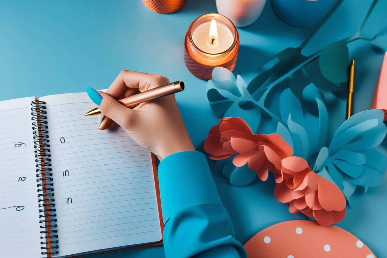 a journal on a table with person's right arm, hand has a pen in, person journaling with flowers on table to her right. a journal on a table with person's right arm, hand has a pen in, person journaling with flowers on table to her right.