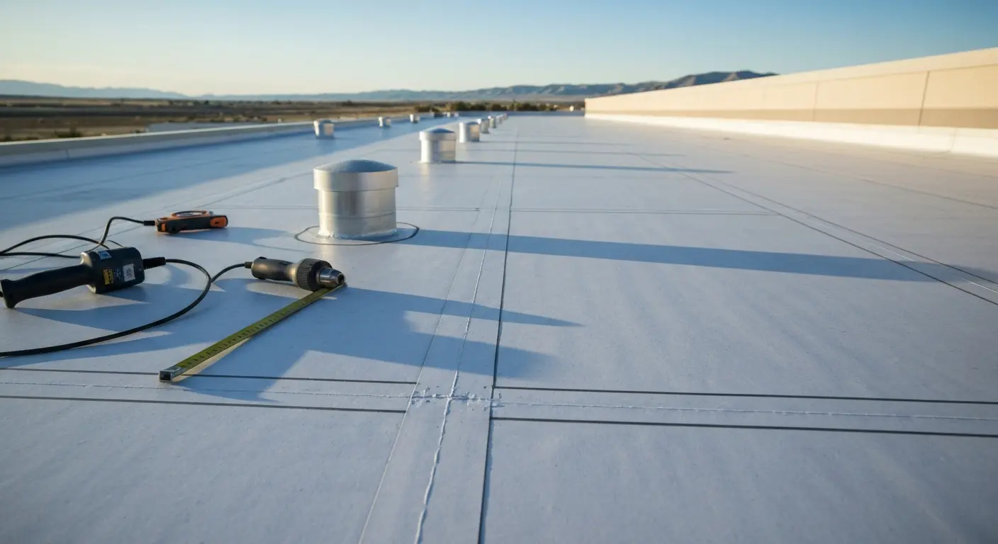 Commercial flat roof TPO membrane installation