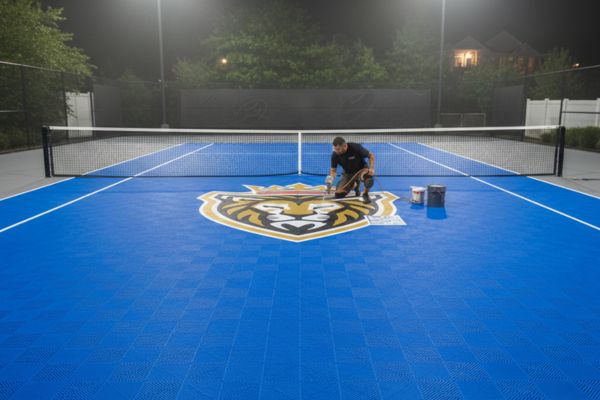 man adding a logo in a tennis court