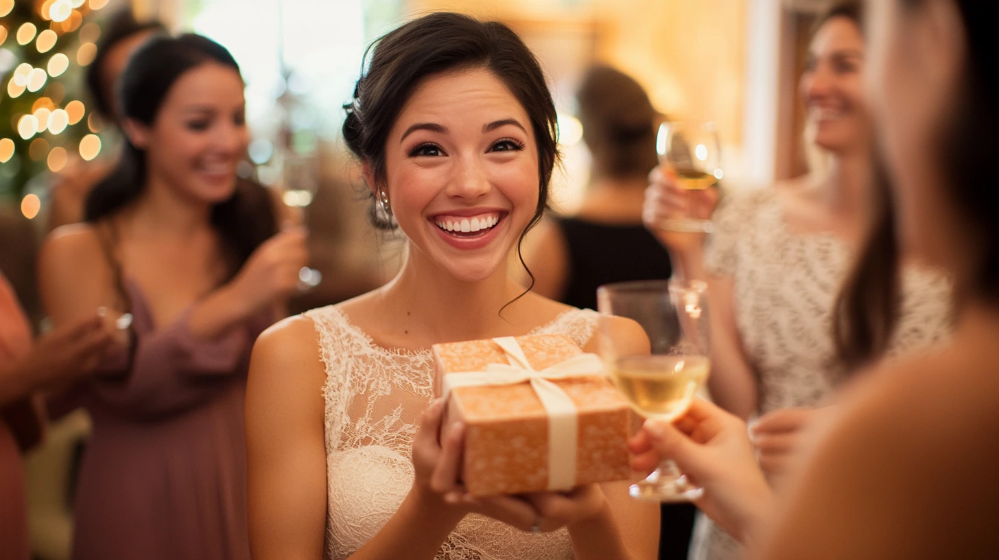 A smiling woman in a white dress holds a wrapped gift at her bridal shower, surrounded by other women who are holding glasses of wine. A smiling woman in a white dress holds a wrapped gift at her bridal shower, surrounded by other women who are holding glasses of wine.
