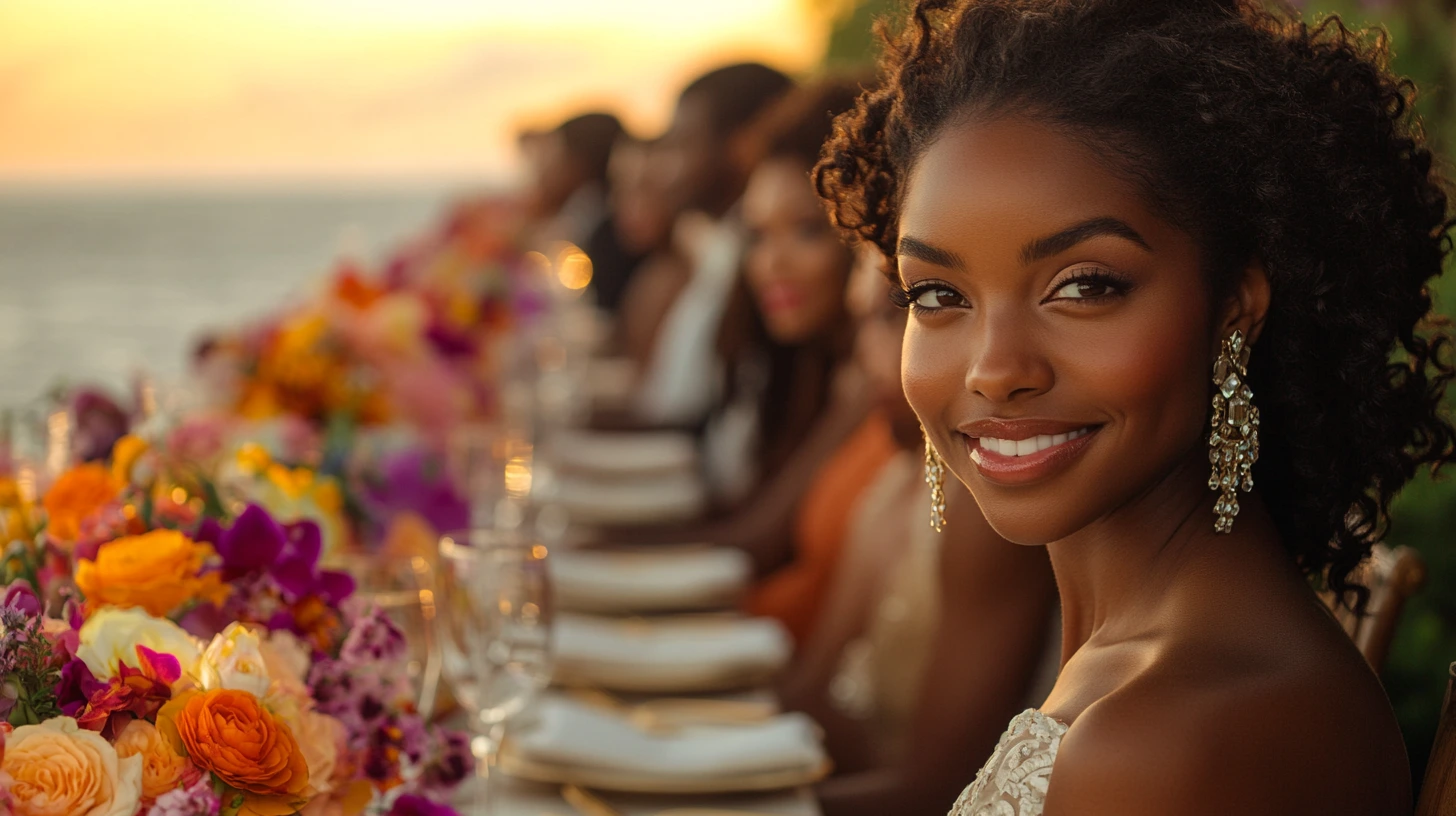 A woman in evening attire smiles at an elegantly set outdoor dinner table adorned with colorful flowers, reminiscent of a wedding rehearsal dinner, with several other people seated in the background. A woman in evening attire smiles at an elegantly set outdoor dinner table adorned with colorful flowers, reminiscent of a wedding rehearsal dinner, with several other people seated in the background.