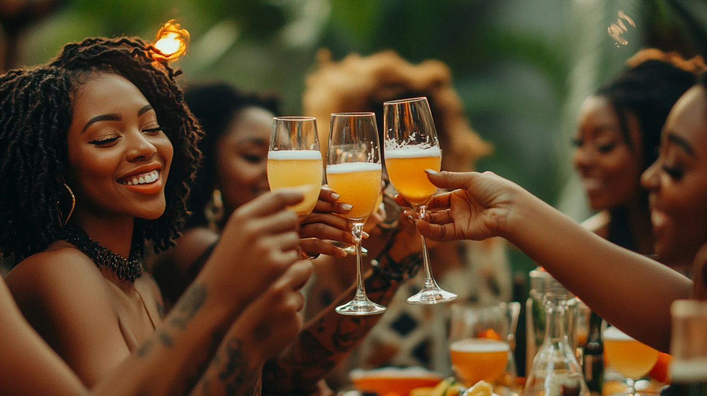 Group of people clinking glasses filled with drinks, smiling and enjoying each other's company at a lively wedding party. Group of people clinking glasses filled with drinks, smiling and enjoying each other's company at a lively wedding party.