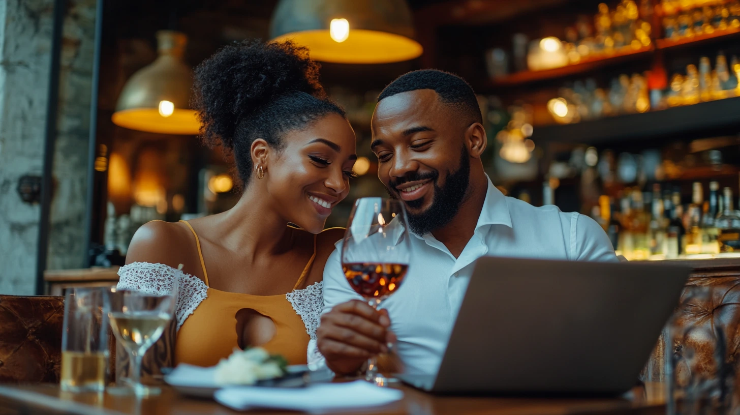 A bride and groom sit together at a restaurant table, smiling and looking at a laptop screen. Both have drinks; a glass of white wine and a glass of red wine are in front of them, making their pre-wedding celebration even more special. A bride and groom sit together at a restaurant table, smiling and looking at a laptop screen. Both have drinks; a glass of white wine and a glass of red wine are in front of them, making their pre-wedding celebration even more special.