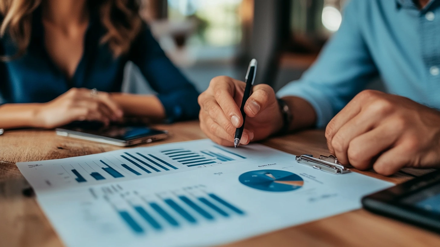 A bride and groom analyze printed charts and graphs at a table, discussing their wedding budget. One person points at a document with a pen. A bride and groom analyze printed charts and graphs at a table, discussing their wedding budget. One person points at a document with a pen.