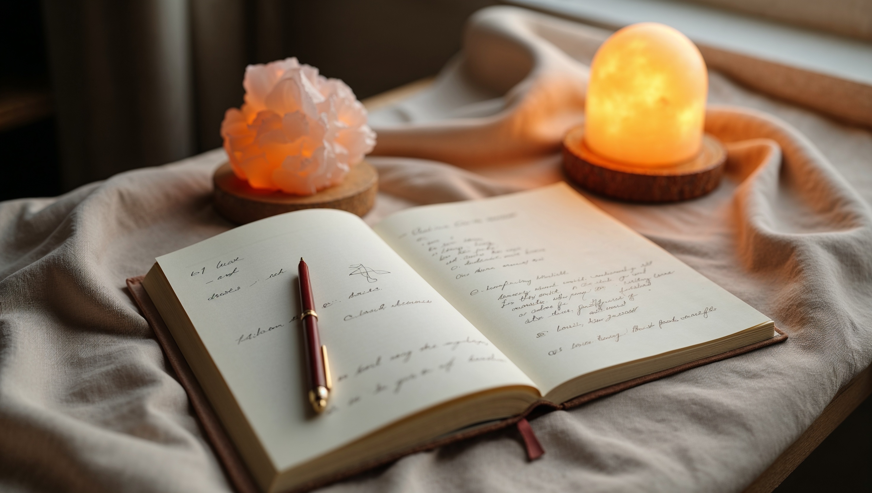 A close-up of a journal open to notes and sketches on Human Design, styled with soft lighting and warm-toned objects like a salt lamp and crystals. A close-up of a journal open to notes and sketches on Human Design, styled with soft lighting and warm-toned objects like a salt lamp and crystals.