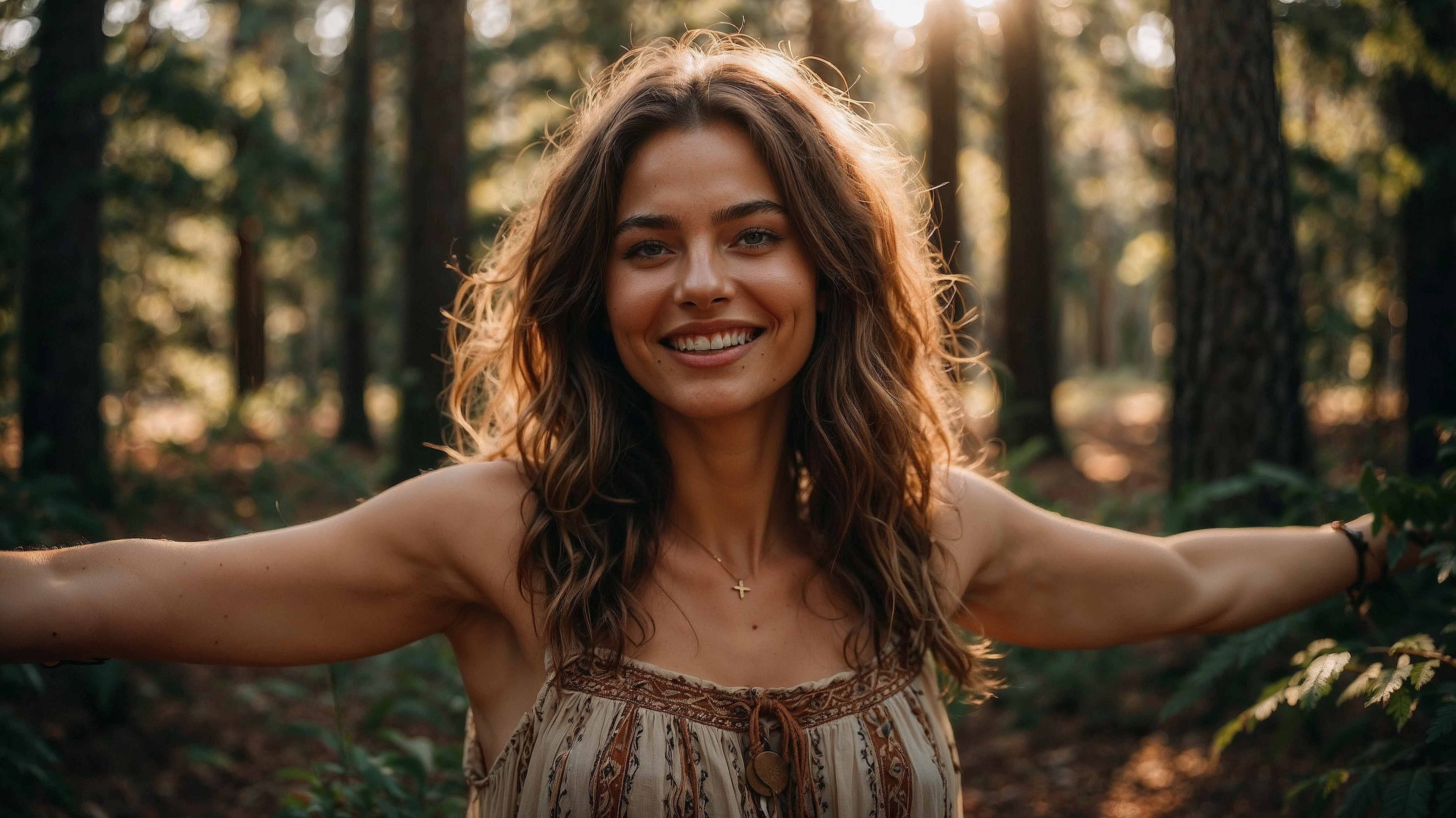 A woman in a neutral dress stands in a sunlit forest clearing with a peaceful expression, surrounded by golden-hour light and soft shadows. A woman in a neutral dress stands in a sunlit forest clearing with a peaceful expression, surrounded by golden-hour light and soft shadows.