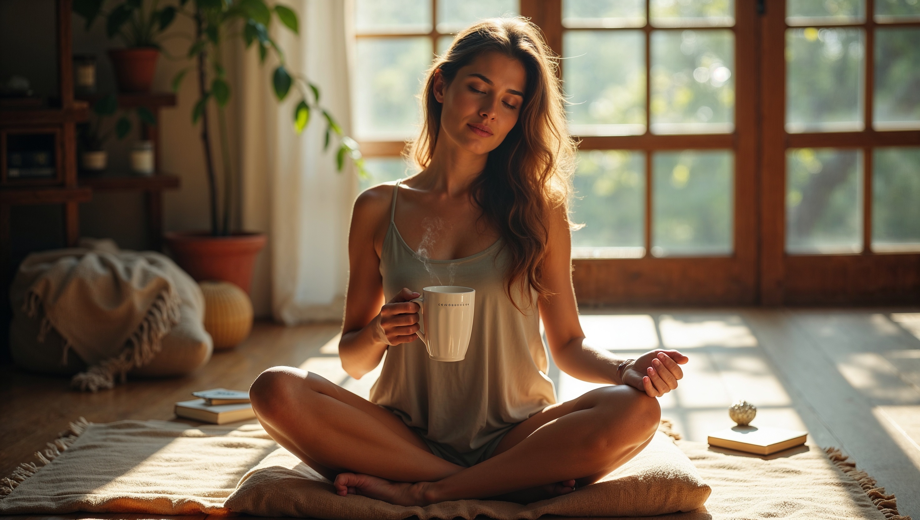 A woman sits quietly in a bright, peaceful room, holding a mug and surrounded by calming objects, lost in quiet reflection. A woman sits quietly in a bright, peaceful room, holding a mug and surrounded by calming objects, lost in quiet reflection.